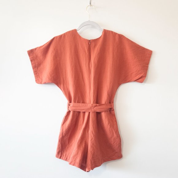 Urban Outfitters Rust Cotton Linen Blend Romper with Belt Size 2 - Gently Used - Picture 2 of 11